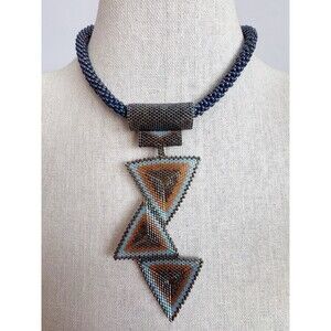 Peyote Stitch Glass Seed Bead Statement Necklace Geometric Blue Native American